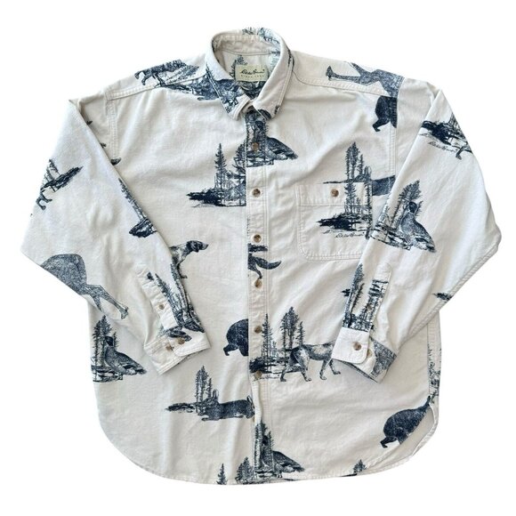 Vtg Eddie Bauer AOP Flannel Shirt Mens Large Wild Life Graphic Ivory Long Sleeve - Picture 1 of 13
